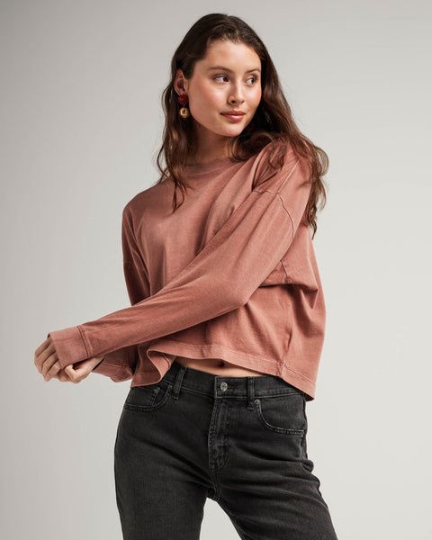 Womens Relaxed Crop Long Sleeve Tee - Pigment Dye Jersey - Russet