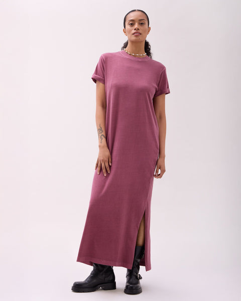 Womens Relaxed Tee Dress - Pigment Dye Jersey - Burgundy