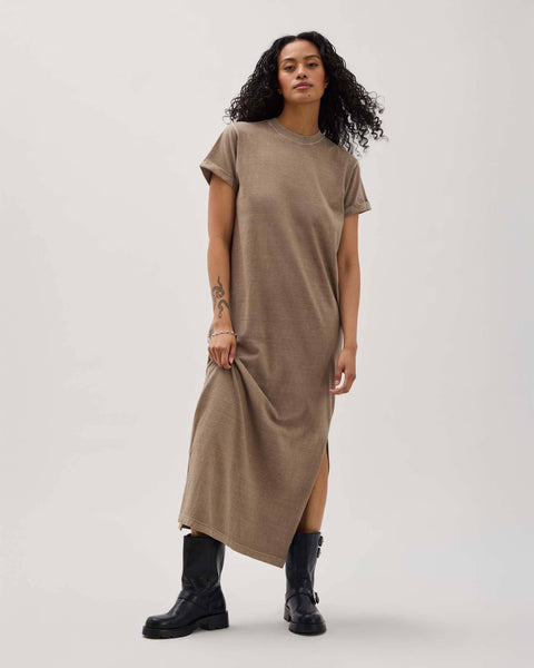 Womens Relaxed Tee Dress - Pigment Dye Jersey - Warm Grey