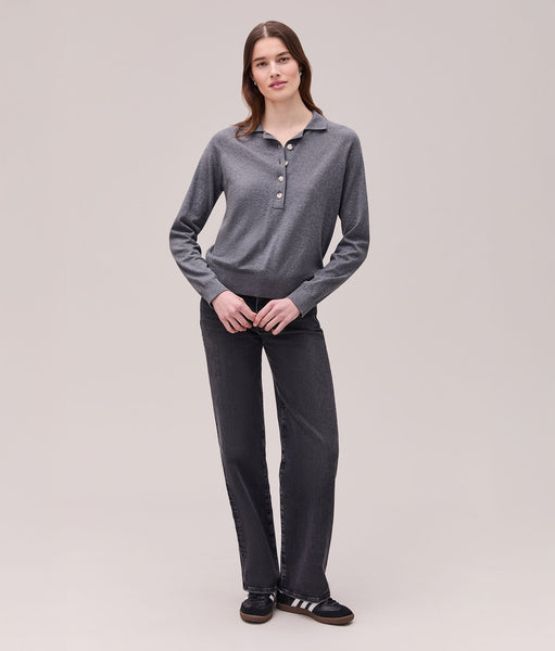 Womens Washable Cotton Silk Henley - Cotton Sweater Knit - Charcoal Heather Grey