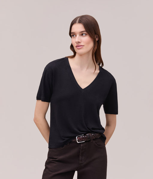 Womens Linen Jersey V Neck Tee - Linen Jersey - Black