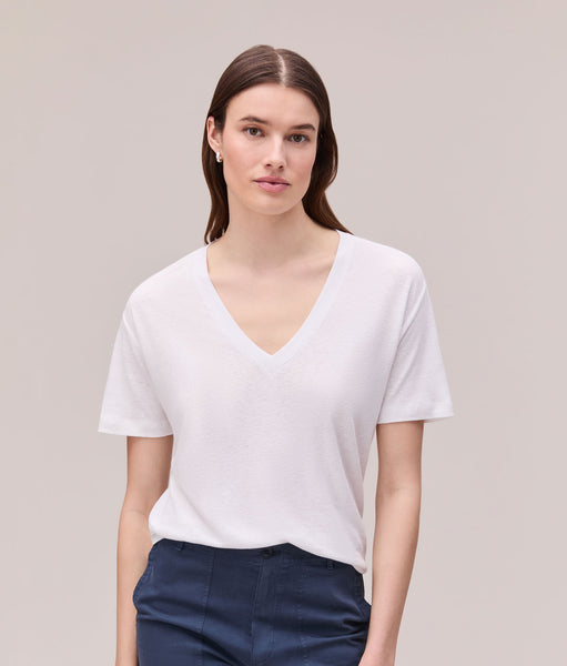 Womens Linen Jersey V Neck Tee - Linen Jersey - White