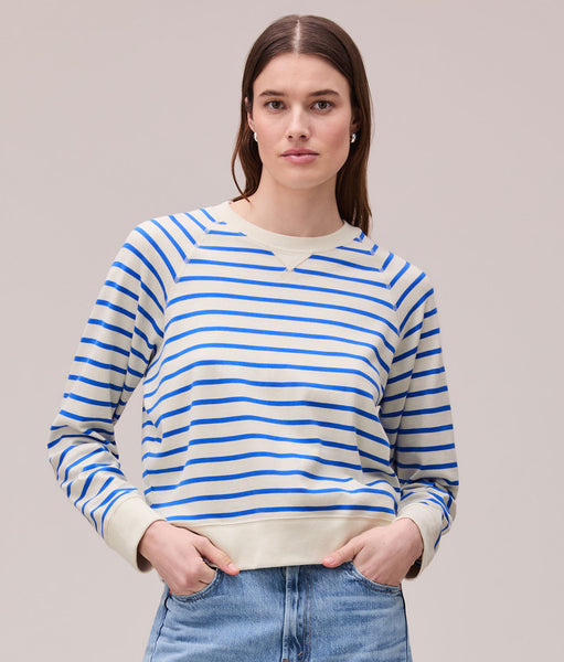 Womens Heavy Pima Sweatshirt - Pima Cotton Jersey - Pop Blue Stripe